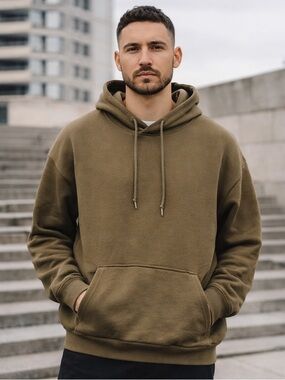 ESNTLS Olive Green Hoodie Large Minimalist Streetwear Cotton Pullover‎
